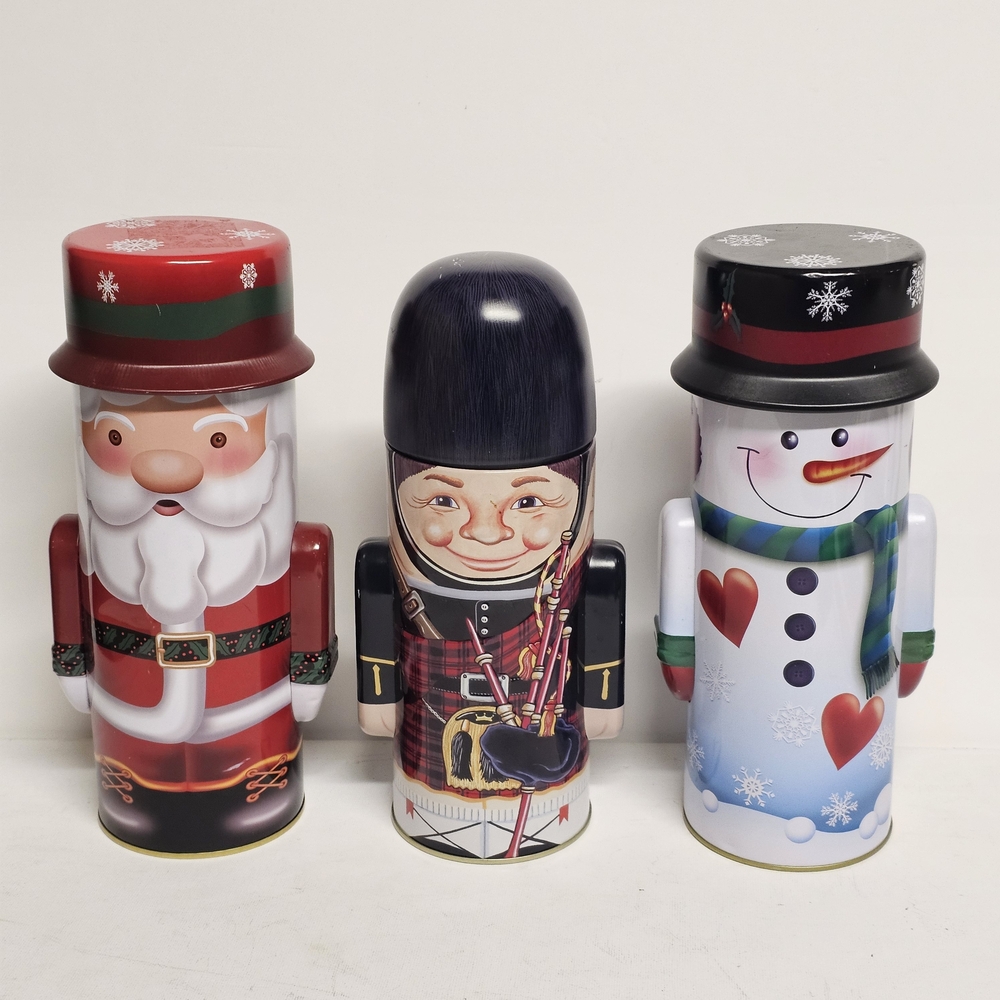 Lot of 3 Holiday Character Tin Cans – Santa, Snowman & Scottish Piper (Empty)